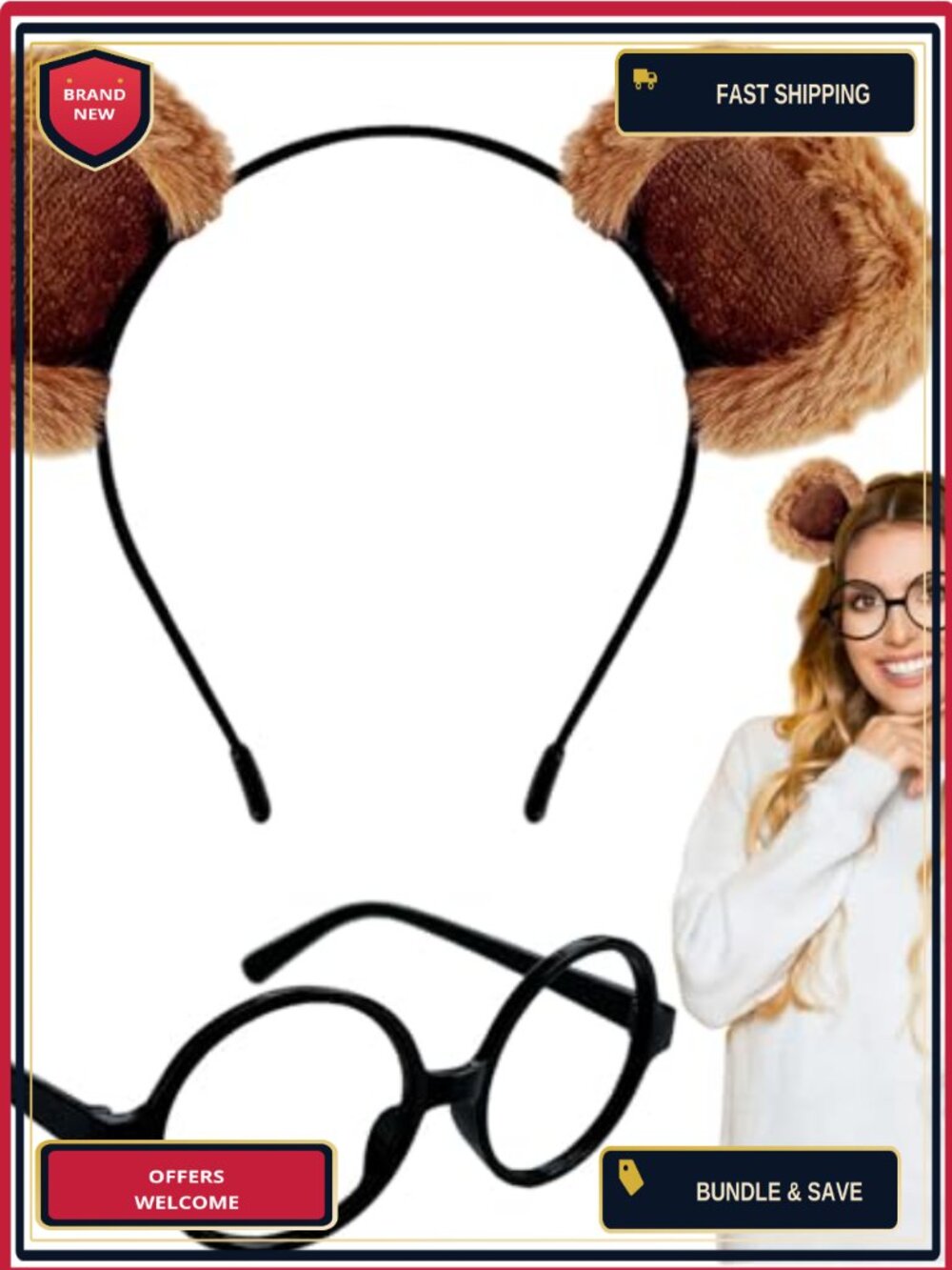 Chipmunk Costume Set Ears Headband Black Round Frame Glasses Cosplay Party